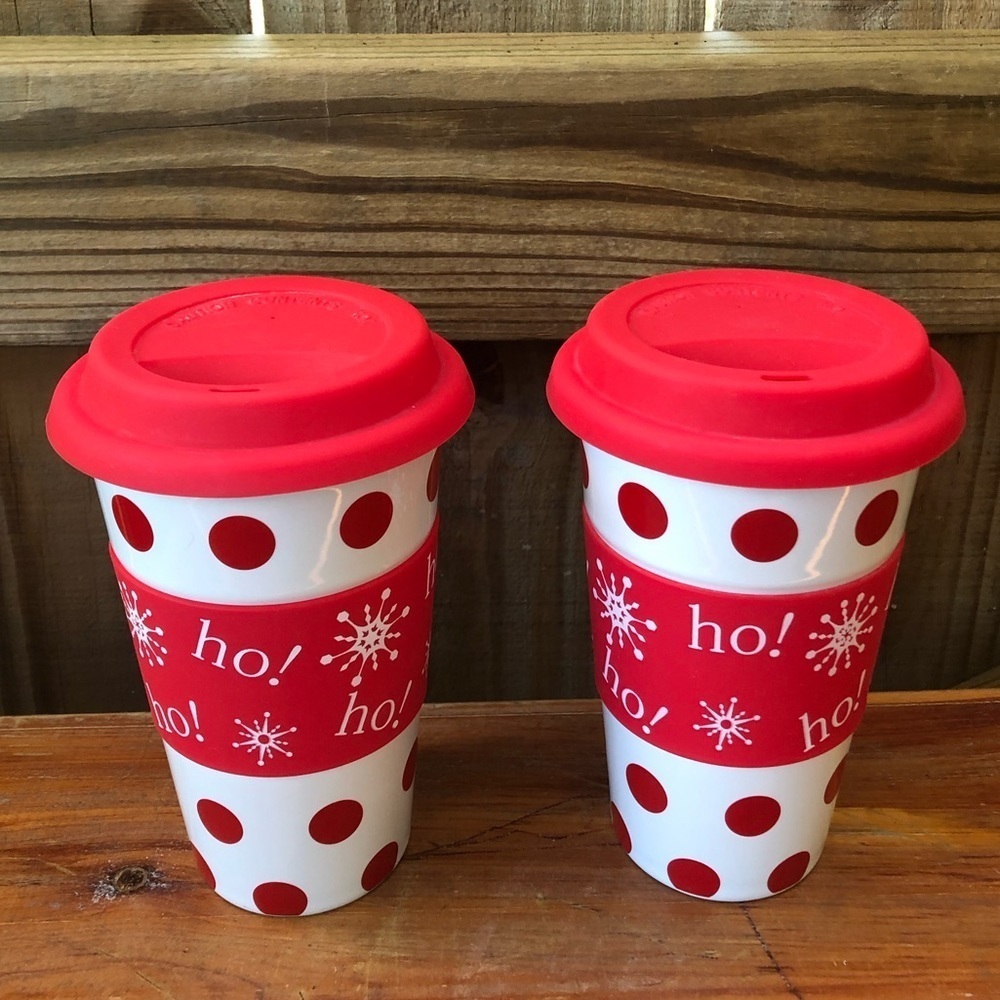 Set of 2 Christmas Red & White Ceramic Travel Mugs w/ Red Silicone Lids & Bands